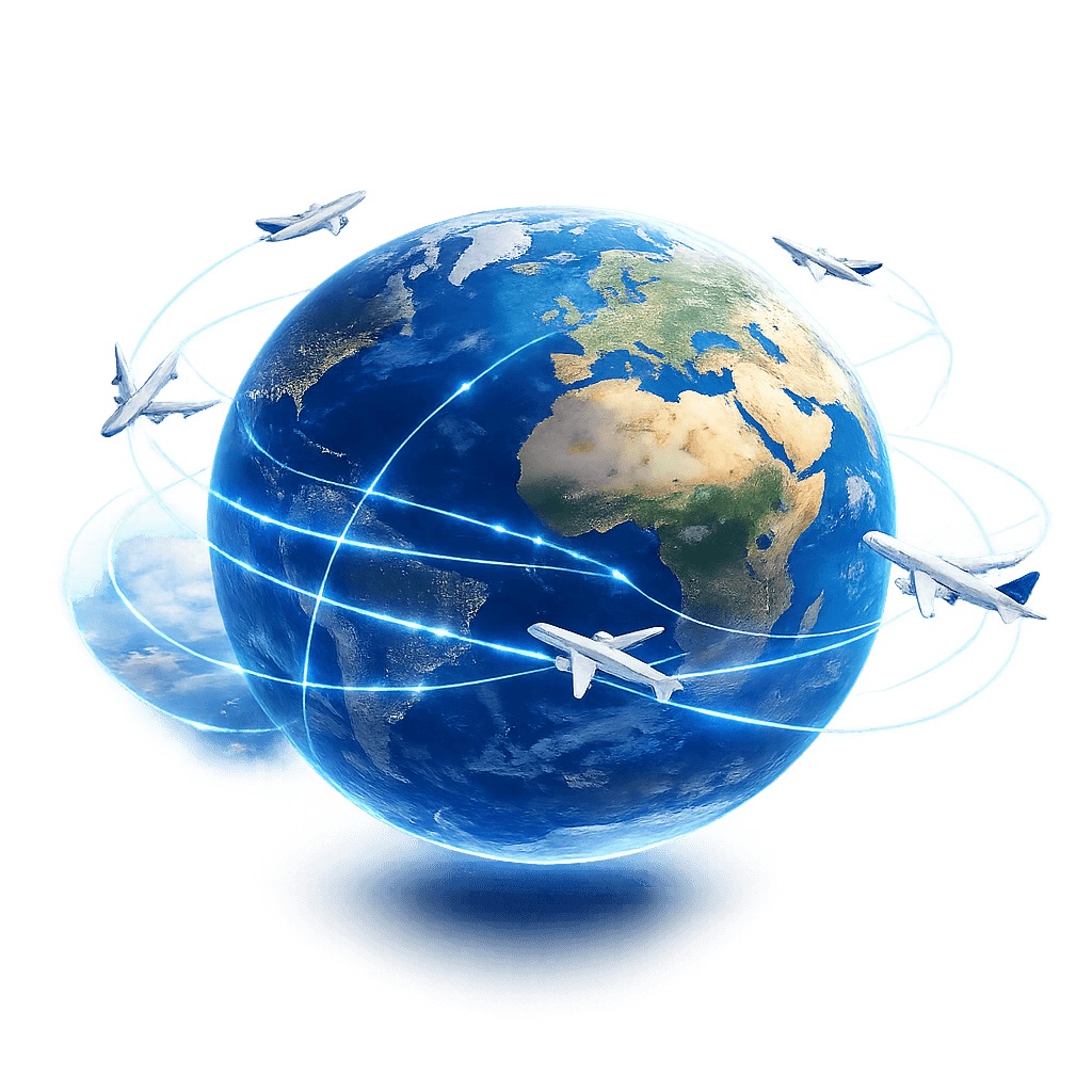 Globe with airplanes representing worldwide visa services