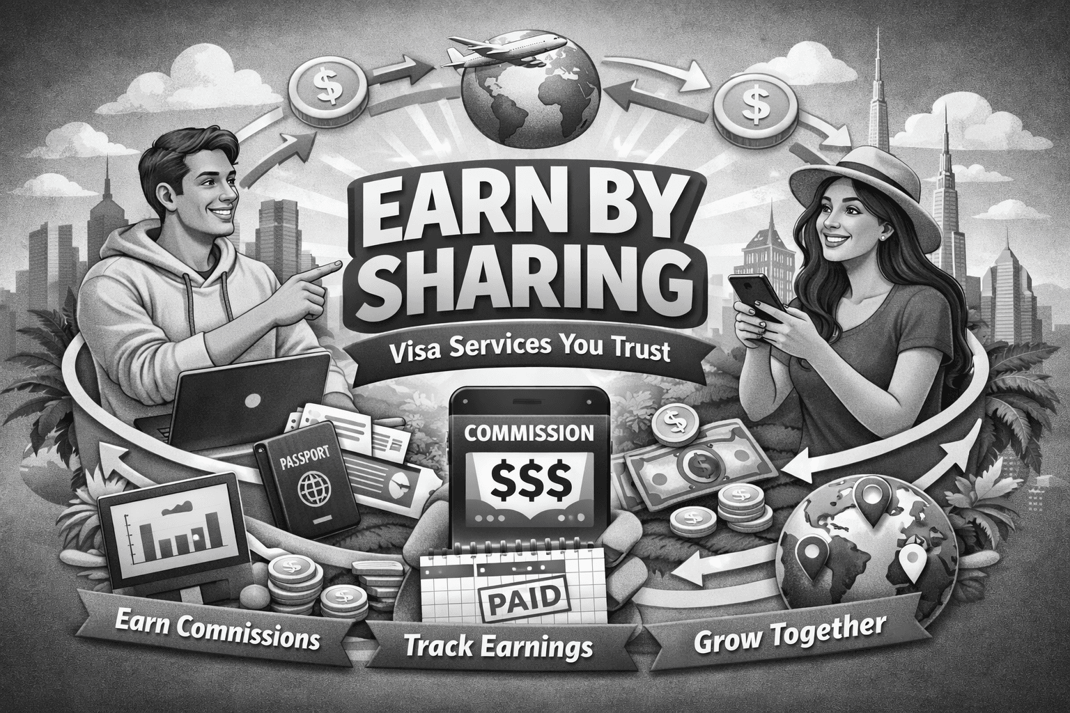 Affiliate partnership illustration showing two people connected through sharing and earning